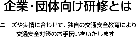 企業・団体向け安全運転研修とは ニーズや実情に合わせて、独自の交通安全教育により
交通安全対策のお手伝いをいたします。