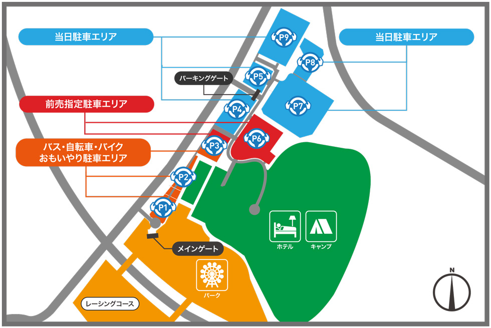 MFJグランプリ期間中の鈴鹿サーキットの正面駐車場マップ