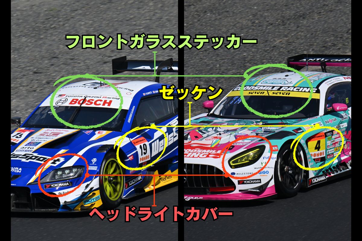 GT500: ヘッドライトカバーとゼッケンベース、フロントガラス上部ステッカーが白色／GT300: ヘッドライトカバーとゼッケンベース、フロントガラス上部ステッカーが黄色 